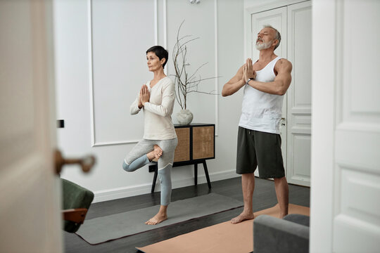 Woman standing in tree pose while husband folding palms during yoga exercise