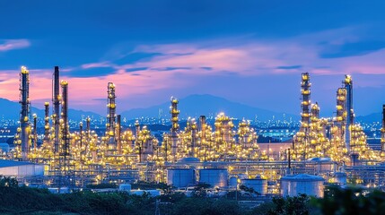 Explore the intricate design and functionality of a sprawling petroleum refinery surrounded by a vibrant skyline