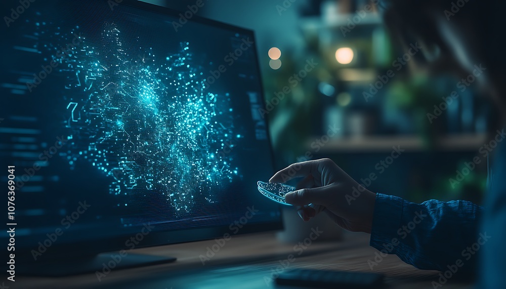 Poster A person interacts with a digital screen showcasing a vibrant, interconnected data visualization, illustrating advanced technology and digital innovation.