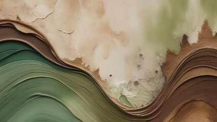 Abstract watercolor artwork featuring rich green and brown tones, showcasing fluid forms and textures that evoke nature's beauty