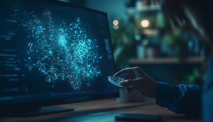 A person interacts with a digital screen showcasing a vibrant, interconnected data visualization, illustrating advanced technology and digital innovation.