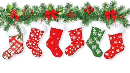 Christmas stockings hanging from a festive evergreen garland