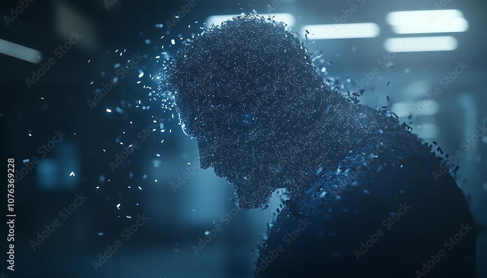 Poster a digital silhouette of a human figure composed of particles, suggesting themes of identity, transfo