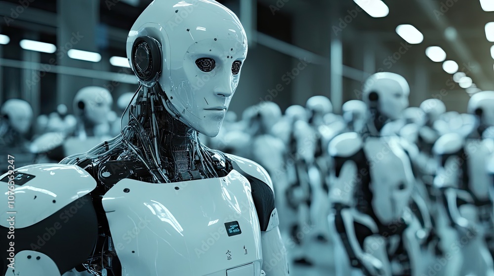 Poster a close-up of a humanoid robot's face, with other robots in the background.
