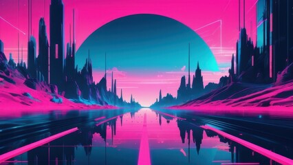 A stunning neon landscape featuring stylized mountains, glowing reflections, and futuristic city elements, ideal for science fiction and technology themes