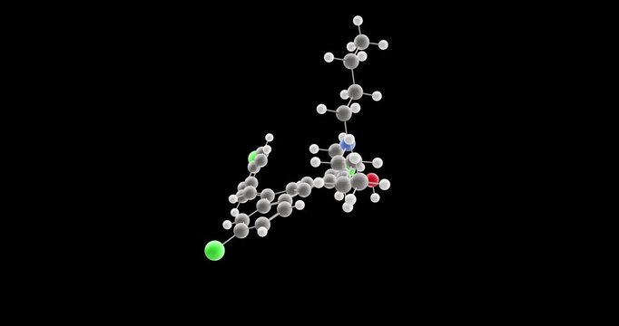 Lumefantrine molecule, rotating 3D model of antimalarial drug, looped video on a black background