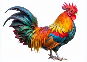Fototapeta premium Aerial View of a Stunningly Colorful Cockerel Rooster in a Farm Setting, Showcasing its Full Body and Rich Feathers in a Photorealistic PNG Cutout Isolated Image for Stock Use