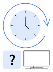 Clock face with arrow circling clockwise, question mark inside a square, computer monitor. Ideal for time management, productivity, deadline tracking, efficiency improvement, decision-making