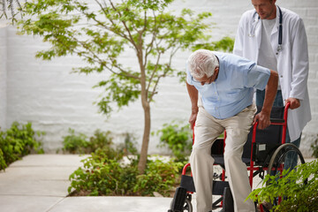 Old man, wheelchair or doctor with help, assistance or healthcare support outside nursing home. Retirement, senior patient or elderly male person with a disability for care, physiotherapy or wellness