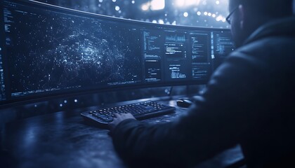 A person works at a futuristic computer setup, surrounded by multiple screens displaying data and cosmic visuals in a dimly lit environment.