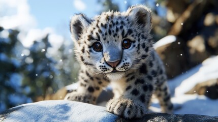 Fototapeta premium A Curious Snow Leopard Cub Gazing at the Camera in a Snowy Landscape
