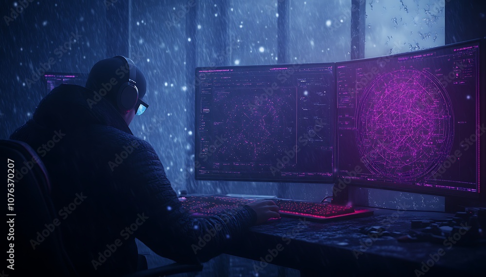 Poster A person works at a dual-monitor setup, surrounded by a snowy atmosphere with glowing purple digital displays, creating a focused, high-tech environment.