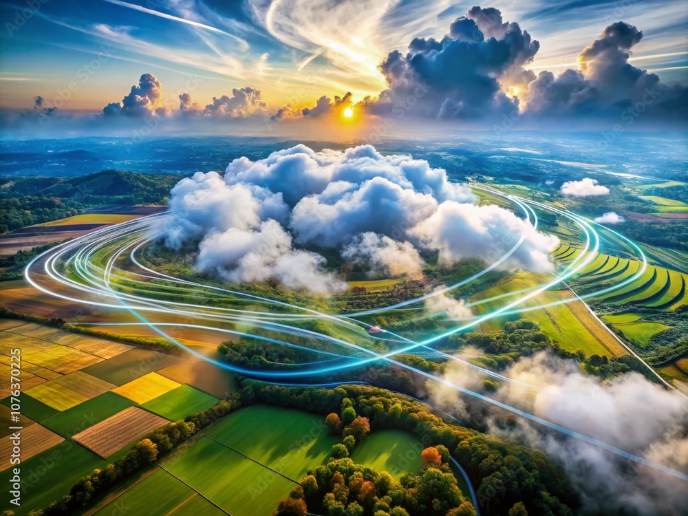Poster aerial view of abstract cloud computing landscape with digital connections and data flow, emphasizin