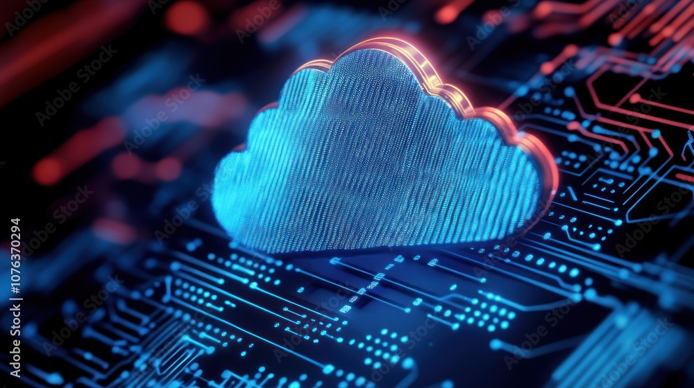 Poster a digital cloud symbol overlaid on a circuit board, representing cloud computing technology.