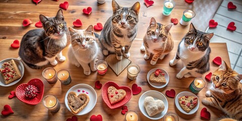 Aerial View of Adorable Cats Celebrating Valentine's Day with Heart-Shaped Treats, Colorful Decorations, and Playful Interactions in a Cozy Home Environment