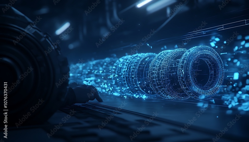 Poster a futuristic scene featuring glowing blue data streams, indicative of advanced technology and digita