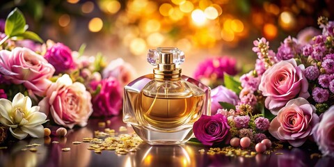 Aerial View of an Exquisite Luxury Perfume Bottle Surrounded by Elegant Decor and Soft Lighting, Emphasizing Its Sophistication and Glamour in a Stylish Setting