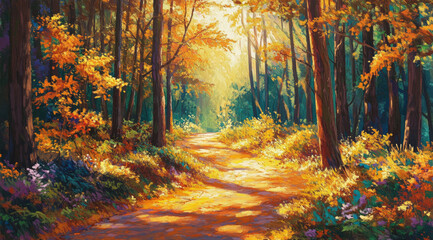 Fototapeta premium Vibrant Autumn Forest Path with a Winding Trail in Golden Light