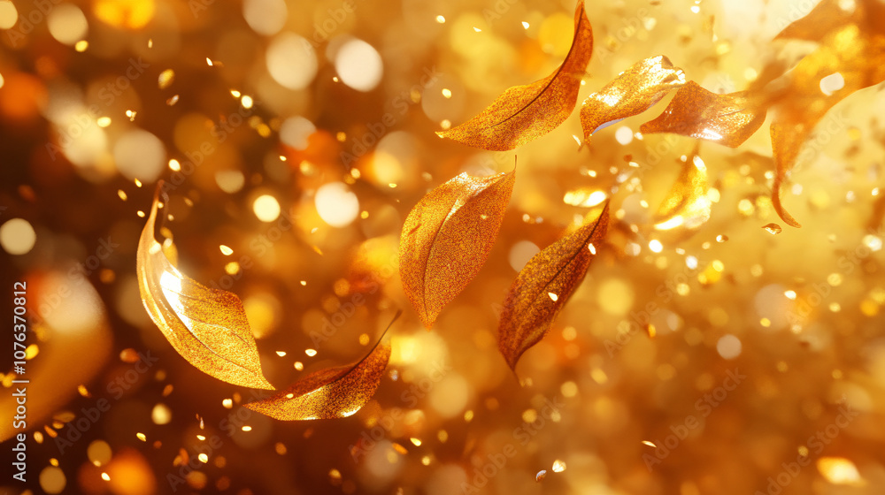 Poster abstract illustration showcasing golden leaves and shimmering particles floating against a warm, blu