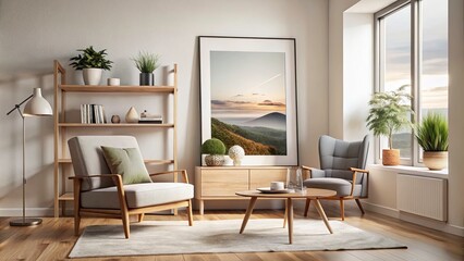 Fototapeta premium Minimalist Double Exposure Living Room Scene with Furniture, Canvas Art, and Scandinavian Design Elements for Modern Interior Mockup