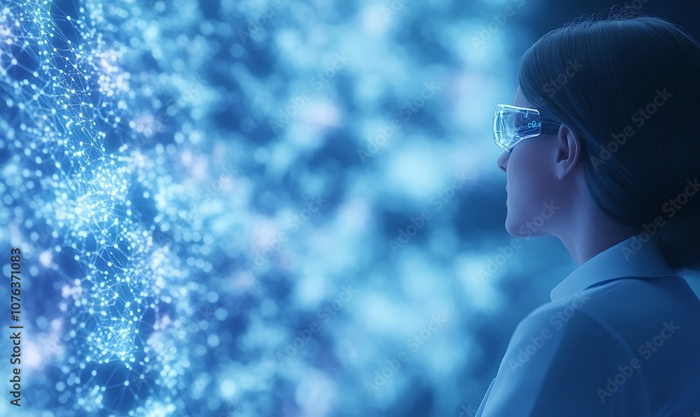 Poster A person in glasses gazes at a vibrant, illuminated display of abstract digital patterns, symbolizing innovation and technology.
