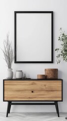 Black Frame Mockup Above Wooden Cabinet with Drawer in Minimalist Interior