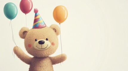 a 2D cartoon illustration of a teddy bear in a party hat with balloons, festive and fun, white background--ar 16:9