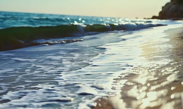 Sunkissed beach waves breaking on the shore under a clear blue sky : Generative AI