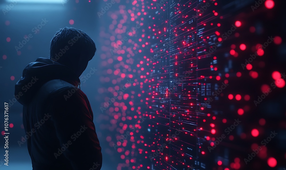 Fototapete A figure in a hoodie stands before a wall of luminous red data points, creating an immersive digital atmosphere.