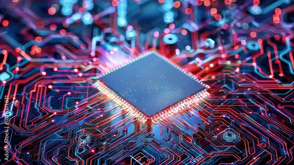 Aufkleber a close-up of a microchip on a circuit board with glowing traces, showcasing a technological environ
