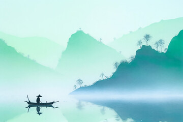 A minimalist illustration of a fisherman in a small boat on a calm lake surrounded by soft green hills, creating a tranquil and harmonious scene that emphasizes simplicity and nature.