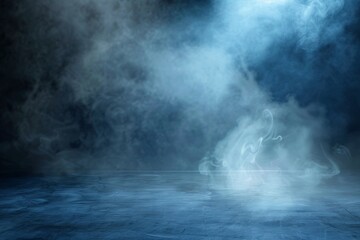 Fototapeta premium A captivating studio room features a dark blue cement floor shrouded in ethereal smoke, illuminated by spotlights and laser lights, evoking a sense of futuristic technology.