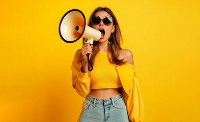 Obraz premium Girl screaming into a megaphone against a bright yellow background in a yellow sweater. Concept: News, sale, information with space for text.