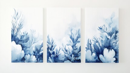 Abstract watercolor art depicting blue botanical elements.