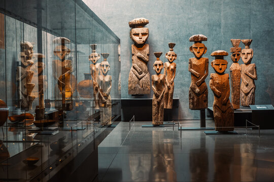 Chile Before Chile Exhibition at the Chilean Museum of Pre-Columbian Art in downtown Santiago, Chile, showcasing Chemamulles, which are impressive wooden statues from ancient Mapuche cemeteries.