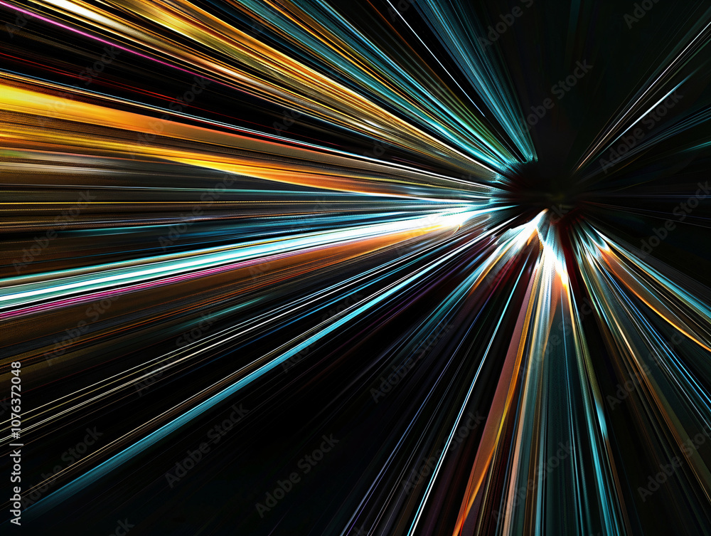 Poster an abstract representation of colorful light streaks radiating from a central point, creating a dyna