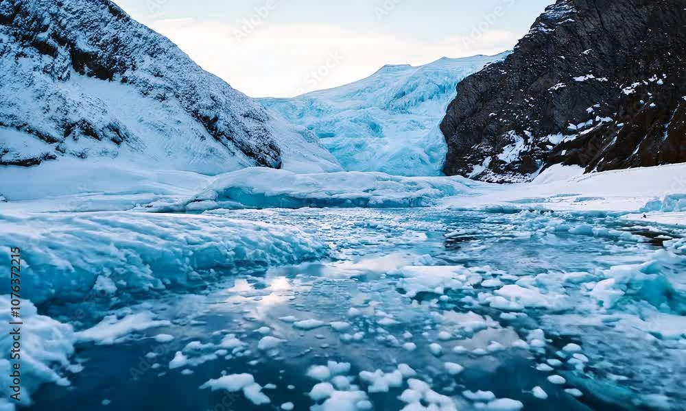 Aufkleber Majestic Glacier Stream Flowing Through Ice Mountain Valleys in a Winter Wonderland : Generative AI