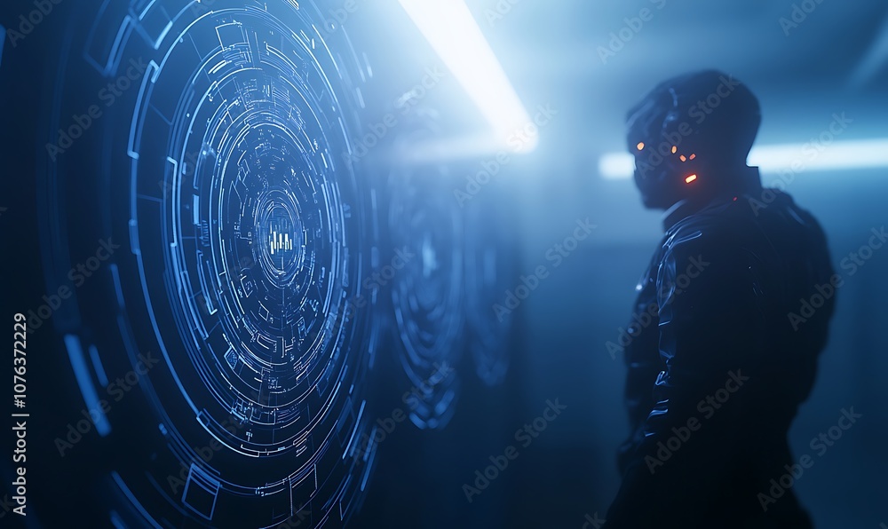 Poster A futuristic figure interacts with a glowing, intricate holographic display in a dim, tech-inspired environment.
