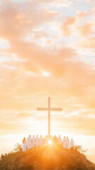 Fototapeta premium A serene gathering of individuals in white robes witnessing a beautiful sunset near a cross on a hill