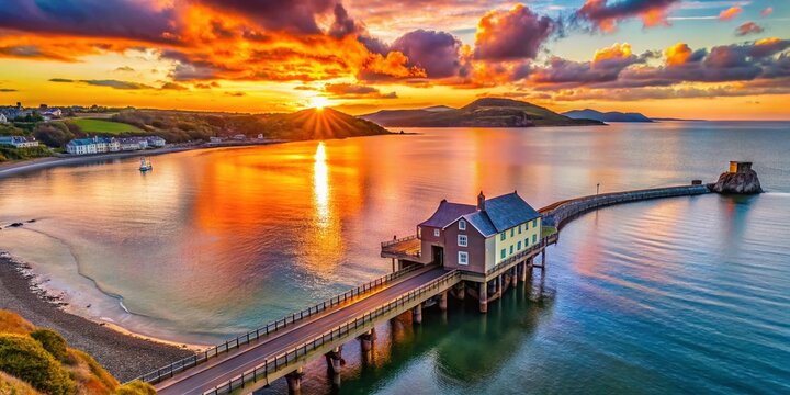 Aerial View of Criccieth Lifeboat Station at Sunset, Capturing the Serene Beauty of the Welsh Coastline with Dramatic Skies and Lapping Waves at Dusk