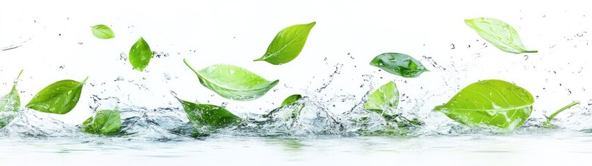 Green Leaves Splashing into Water with White Background
