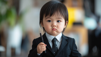 Toddler in suit and tie holding pen, making a serious face, office background, bright setting