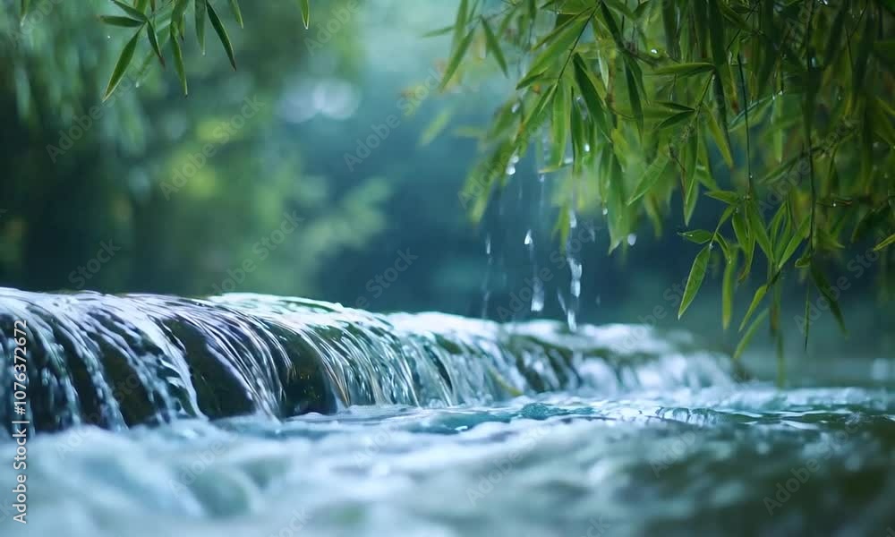 Poster serene waterfall cascade in a tropical rainforest with lush green bamboo surrounding : generative ai