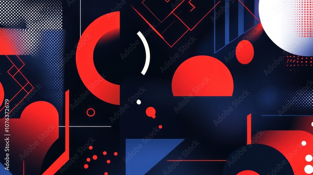 Poster abstract geometric pattern with red and blue shapes on a dark background