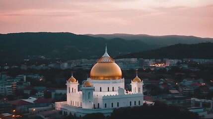 Fototapeta premium White Mosque with Golden Domes Against a Pink Sunset Sky