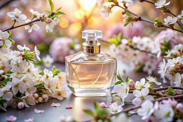 Aerial View of Elegant Glass Perfume Bottle Surrounded by Delicate Aromatic Flowers for a Stunning Greeting Card Background with Ample Copy Space