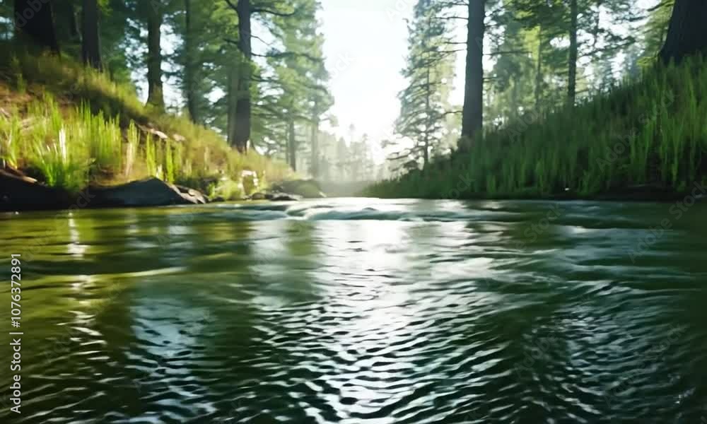Poster crystal clear forest river meandering through lush greenery in tranquil woodland setting : generativ