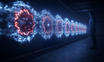 A futuristic scene depicting a figure observing glowing, intricate patterns on a wall, suggesting themes of technology and science.
