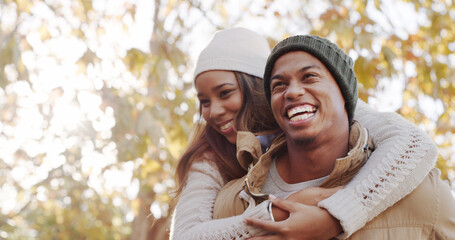 Outdoor, couple and happy on piggyback for bonding, love and support as lovers for trust. People,...