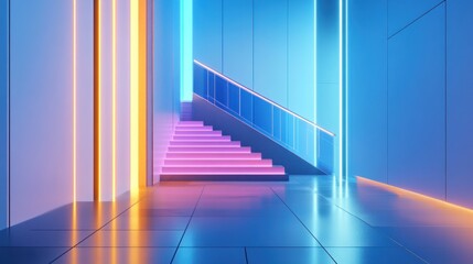 Obraz premium Neon Lit Staircase with Glass Railing in Modern Architecture
